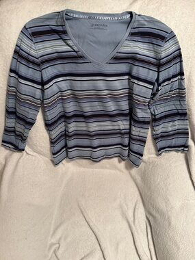 St. John's Bay Light Blue Multi-Striped V-Neck Long Sleeve Top